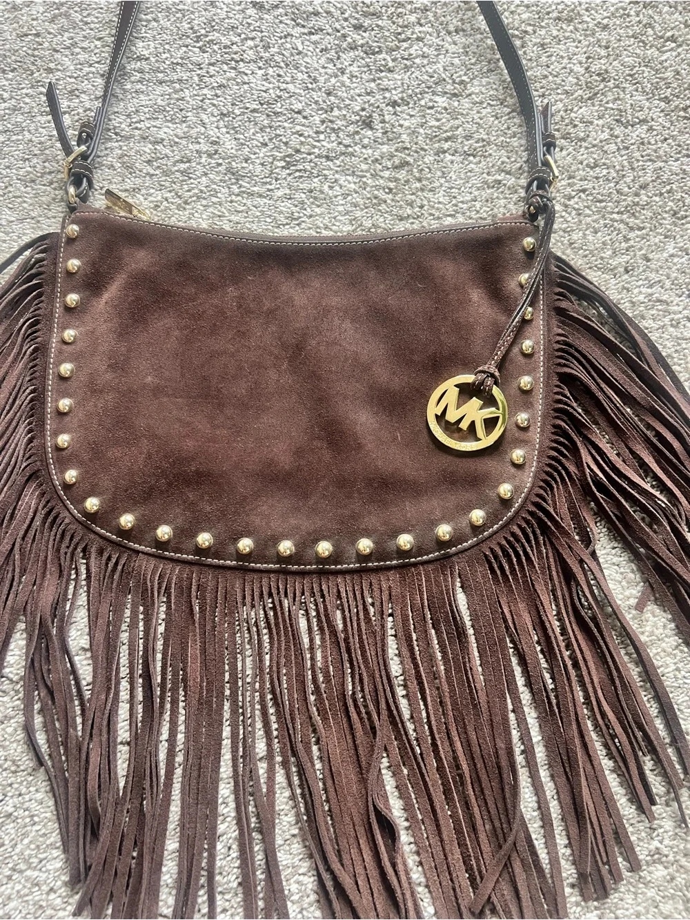 Michael Kors Dark Brown Suede Fringe Shoulder Bag with Gold MK Charm
